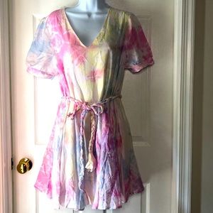 Rainbow Colorful Dress with braid rope waist tie